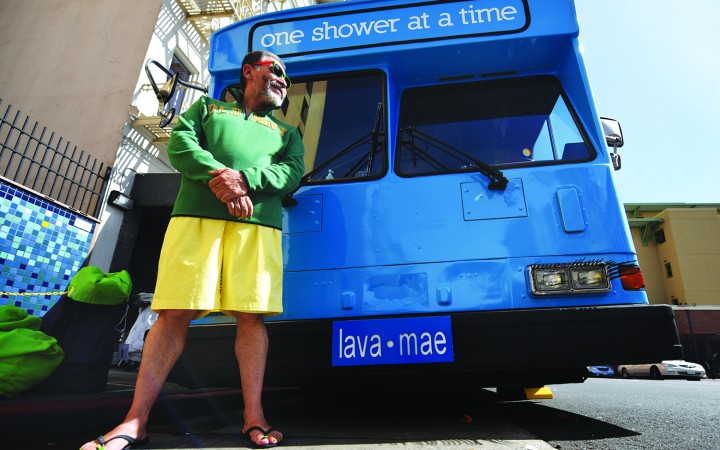 Martin, a homeless man, post-shower, in front the Lava Mae bust at 344 Ellis Street in San Francisco's Tenderloin district. (David Henry)