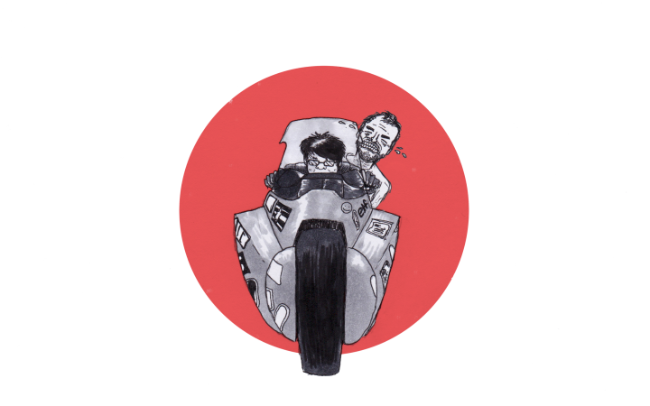 An illustration of founder of Cyberpunk Cinema, Tosh Chiang, and founder of Thrillhouse Records, Fred Schrunk, driving the iconic motorcycle from Akira, a featured film at Cyberpunk Cinema. ILLUSTRATION BY JEREMIAH WILLIAMS.