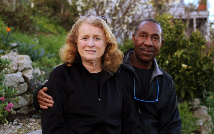 Joel and Mary McClure pose for a photo near their designated spot in the Brigdeview Community Teaching and Learning Garden in the Bayview District in San Francisco, CA on on Saturday February 20, 2016. (Aleah Fajardo/Xpress)