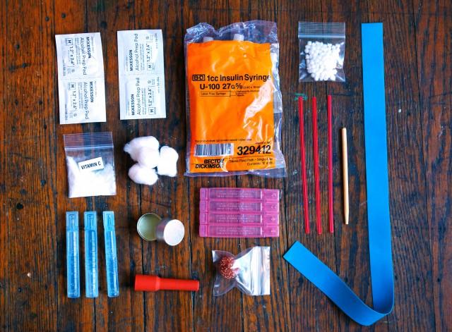 Safe needle supplies San Francisco Drug User Union provides to the community. Photo taken on Monday, March 28, 2016. (Perng-chih Huang/Xpress)