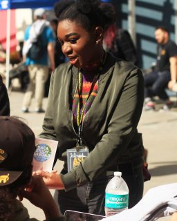 GSP students Zemaye Jacobs signs up fellow SFSU students to join the DACA Study Abroad program with Violeta Abarca on Tuesday, Oct. 11, 2016. Jacobs volunteers for the DACA program and is also apart of the Associtaed Students Inc.