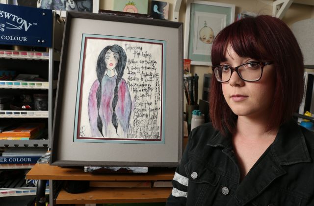 Amanda Campbell in her home studio. A lot of Amanda’s art reflects her struggles with depression and anxiety. Aleah Fajardo/ Xpress