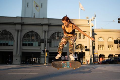Kat Campos kickflips at Harry Bridges Plaza on Sep. 30, 2020. San Francisco. (Sean Reyes / Xpress Magazine)
