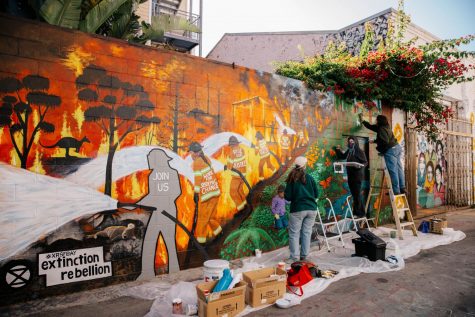 Lisa-Zimmer Chu, Jamie Northrup, and Jeanne Leimkuhler paint the natural wildlife section of the mural on Nov. 7, 2020, the day of President-elect Joe Biden’s confirmation. Valencia Street, where Clarion Alley is located, was crowded with San Franciscans celebrating his victory. (Saylor Nedelman / Xpress Magazine)