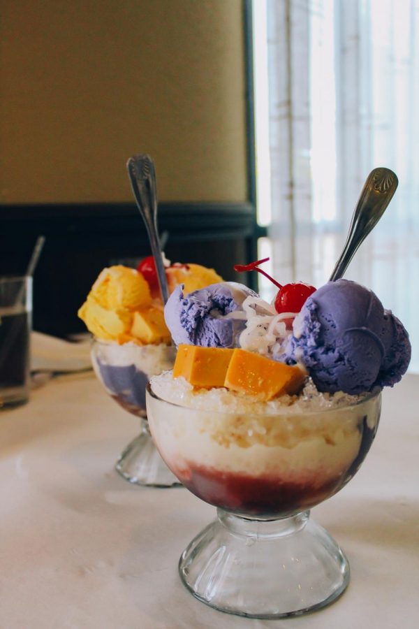 A Filipino dessert called Halo-halo is displayed on a table. Natividad said she was only exposed to Filipino cuisine for the first eight years of her life. Lumpia was a must during my birthday parties and Halo-Halo during the humid summer days, said Natividad. (Sydney Welch / Xpress Magazine)
