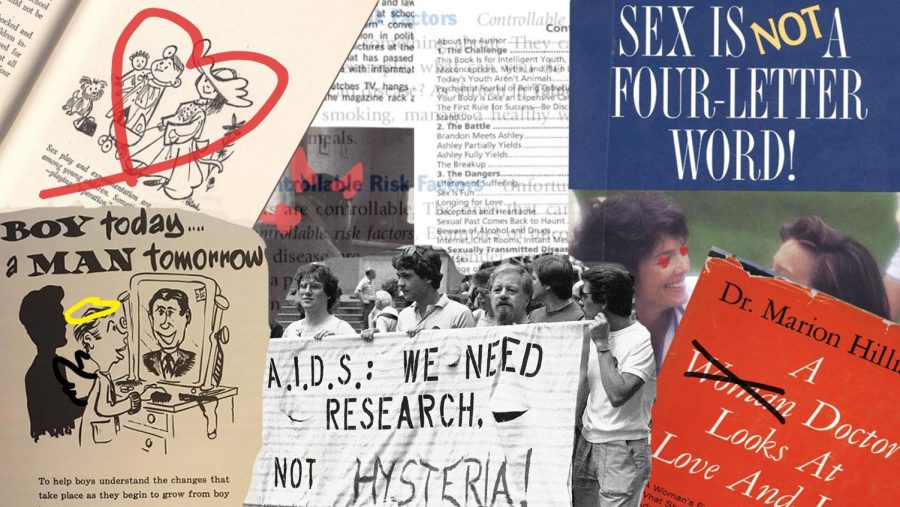 A photo illustration compiling excerpts from different sex education material throughout the 1900s and early 2000s and a photo by Mario Suriani from the Associated Press showing AIDS research advocates in the 1983 New York pride march. (Oliver Michelsen / Xpress Magazine)