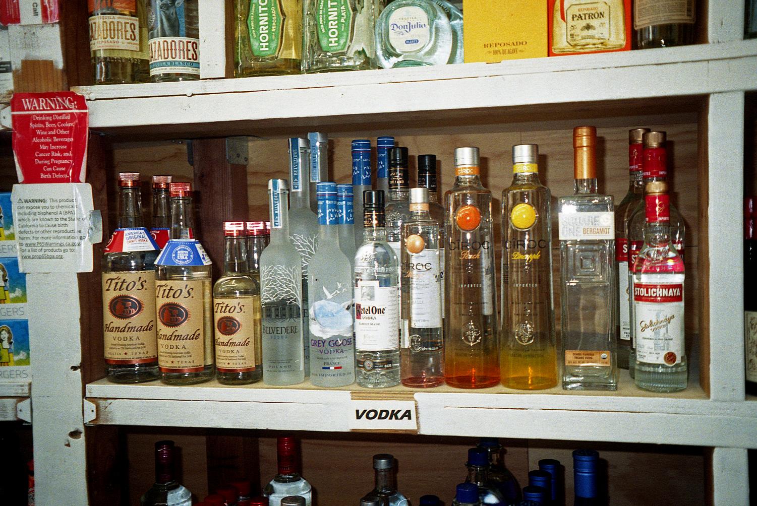 The vodka section in Tony’s Market & Liquor located on 2751 24th St. in San Francisco’s Mission District on April 29, 2022. (Maximo Vazquez / Xpress Magazine)