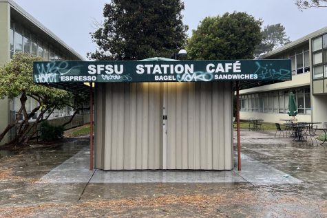SF States Station Cafe, shuttered during heavy rain. The cafe is open weekdays and often serves commuter students early mornings. (Eian Gil / Xpress Magazine)
