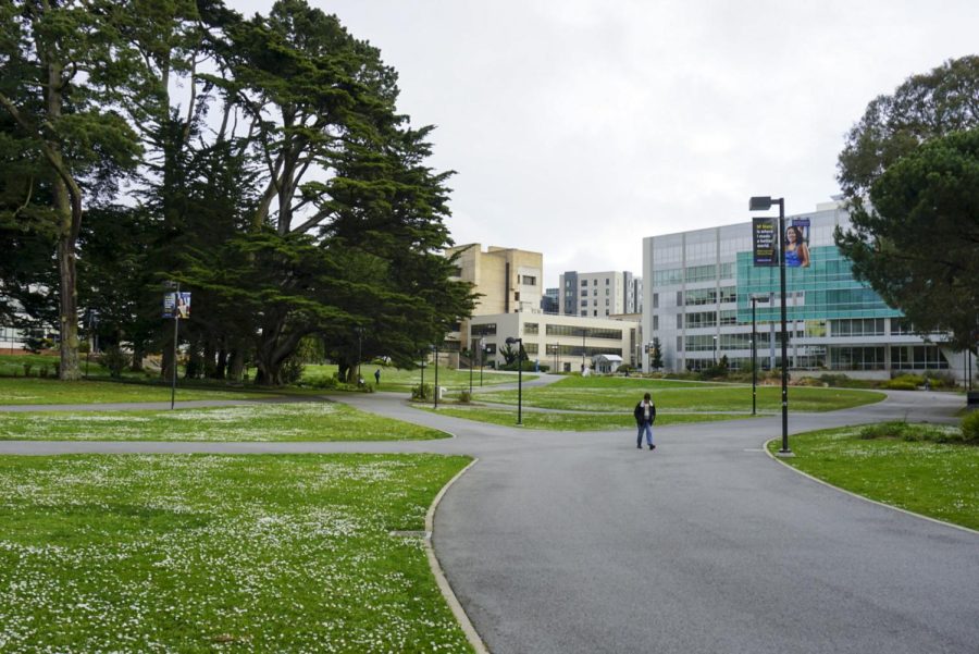 The SF State quad in a desolate state on a gloomy afternoon on March 13, 2023. With declining enrollment, campus becomes increasingly quiet. (Tatyana Ekmekjian / Xpress Magazine)