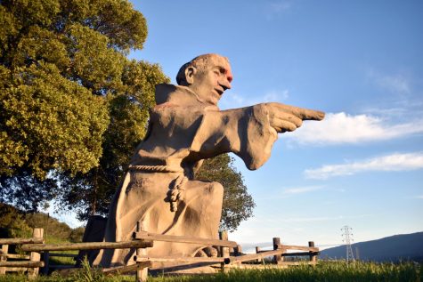 A graffitied statue of Junipero Serra is seen off of Highway 280. (Chris Meyers / Xpress Magazine)