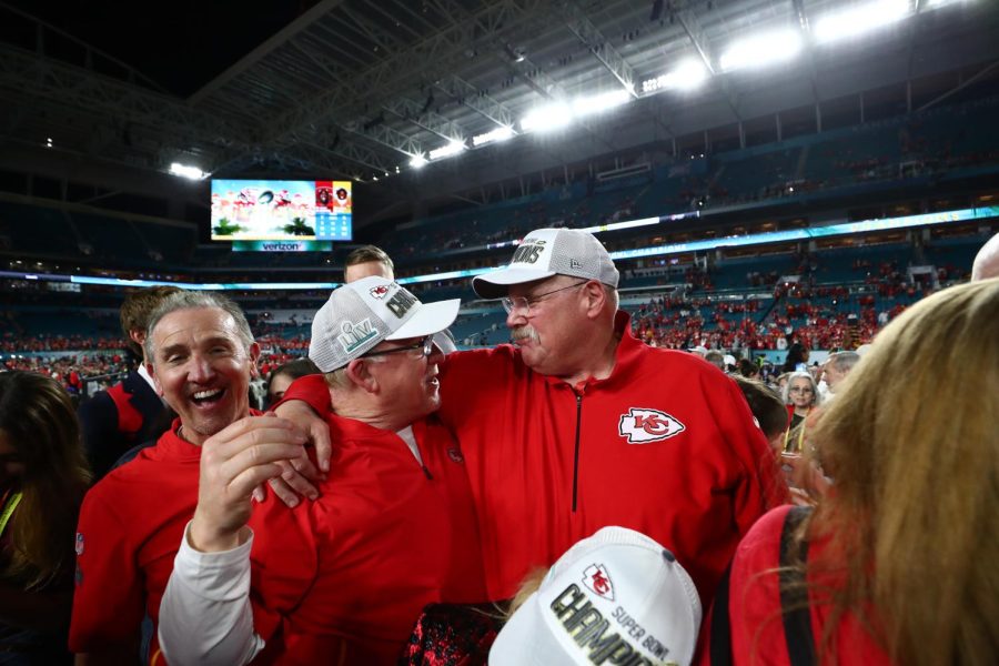 Kansas+City+Chiefs+Defensive+Coordinator+Steve+Spagnulo%2C+Tight+Ends+coach+Tom+Melvin+and+Head+Coach+Andy+Reid+celebrate+their+Super+Bowl+LIV+victory+over+the+San+Francisco+49ers+at+Hard+Rock+Stadium+in+Miami%2C+Fla.+on+Feb.+2%2C+2020.+%28Photo+courtesy+of+the+Kansas+City+Chiefs%29+%0A