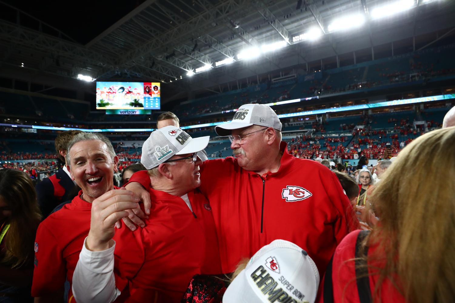 Kansas City Chiefs Defensive Coordinator Steve Spagnulo, Tight Ends coach Tom Melvin and Head Coach Andy Reid celebrate their Super Bowl LIV victory over the San Francisco 49ers at Hard Rock Stadium in Miami, Fla. on Feb. 2, 2020. (Photo courtesy of the Kansas City Chiefs) 
