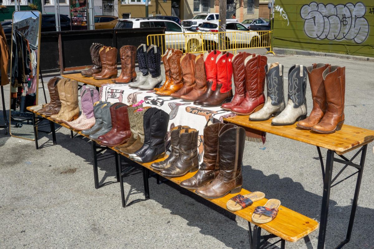 Various cowboy boots sold by Katie Porter of Porter Vintage at the corner of Valencia and 18th Street in San Francisco, California on September, 3, 2023. (Ryo Kojima/Xpress Magazine)