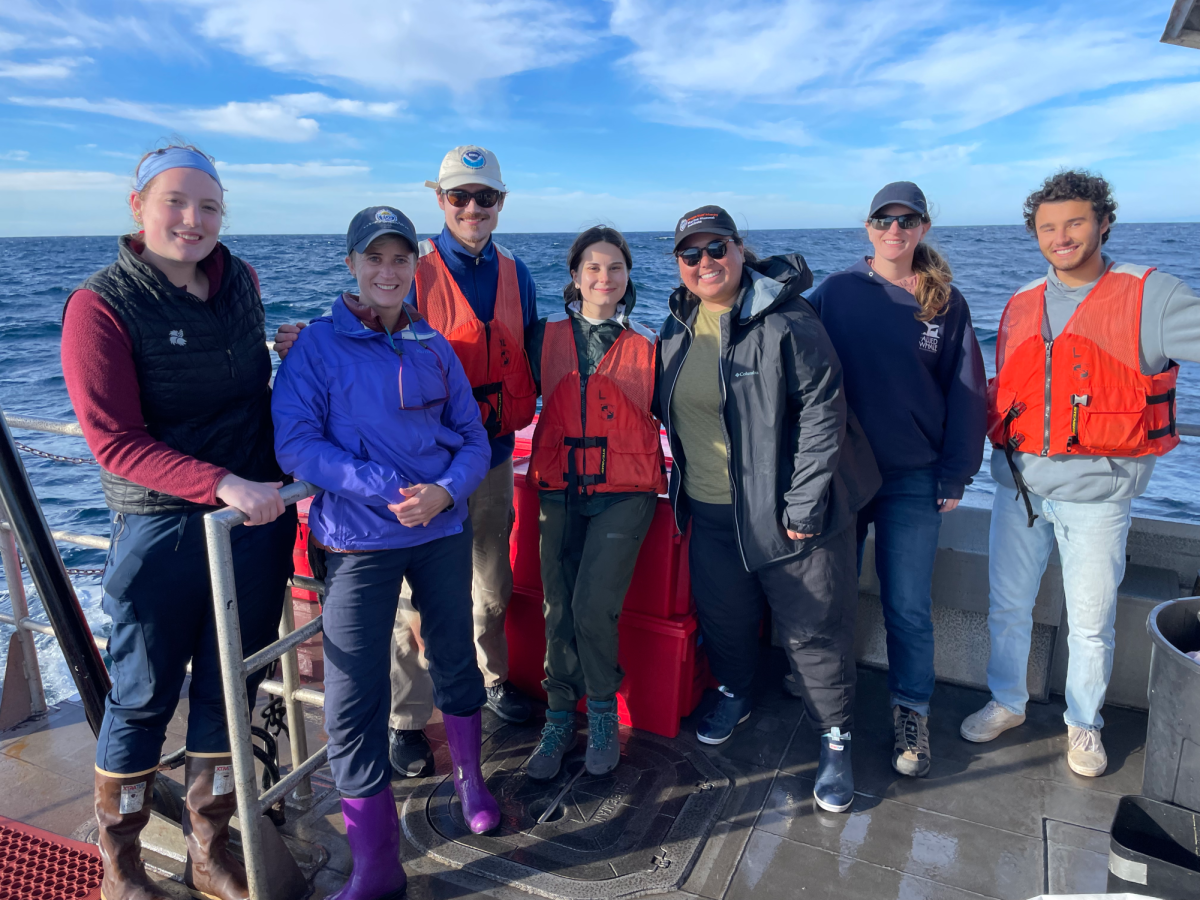 Pictured from left to right are Virginia Pearson (Mt Edgecumbe High School), Anne Simonis (NOAA/SFSU), Jackson Vanfleet-Brown (SFSU), Lucy Nobisch (Cal Poly SLO), Kourtney Burger (NOAA), Kait Palmer (NOAA), Isaiah Orlando (Cal Poly SLO), on the last day of the Morro Bay survey after they’ve successfully recovered all eight buoys that had been deployed into the ocean several weeks ago. (Photo Courtesy by Anne Simonis)