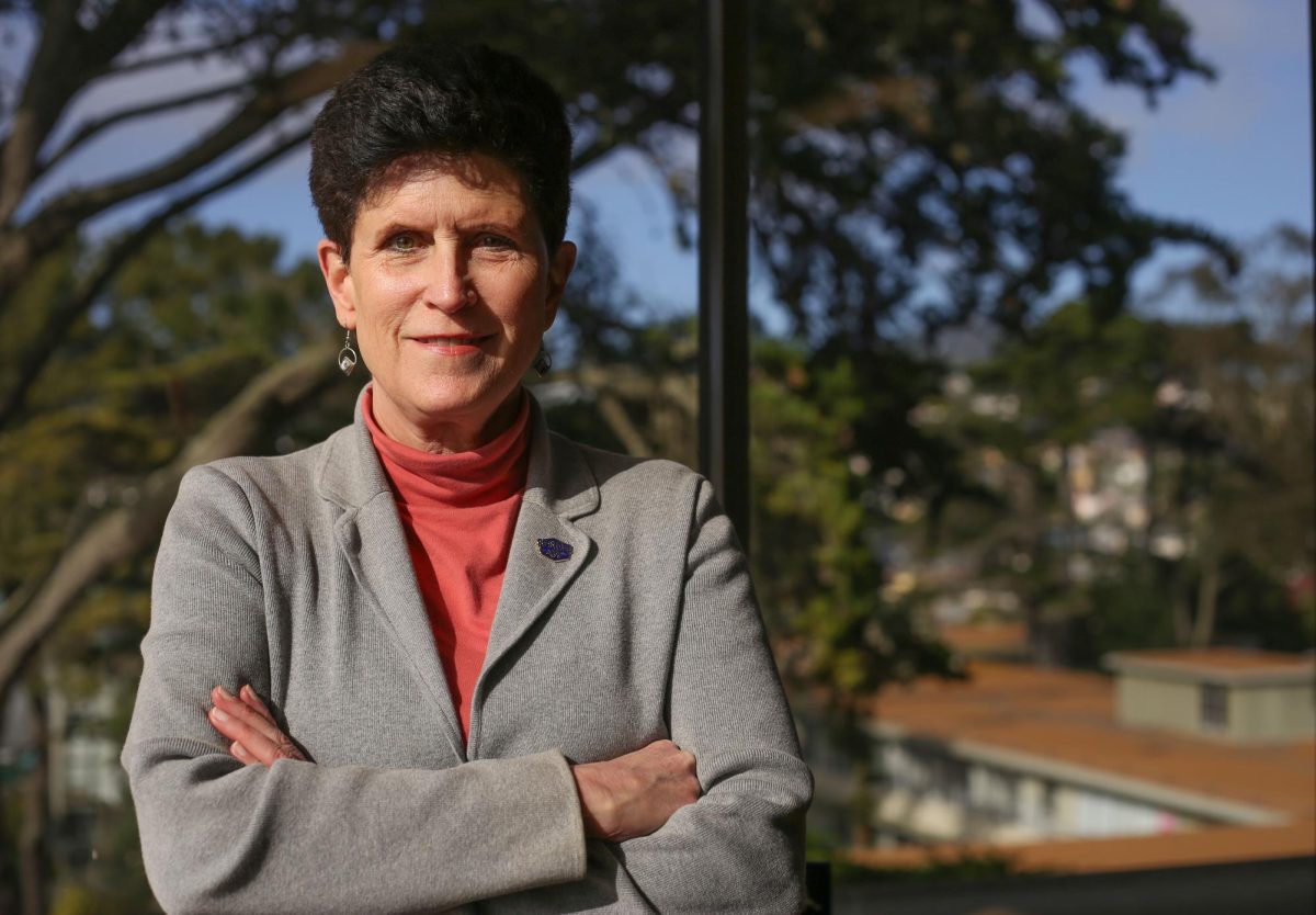 SFSU President Lynn Mahoney poses for a portrait in her office. Mahoney has been president since 2019 and claims that she has prioritized cultivating spaces on campus for all students of different backgrounds to coexist. (Tam Vu/Xpress Magazine)
