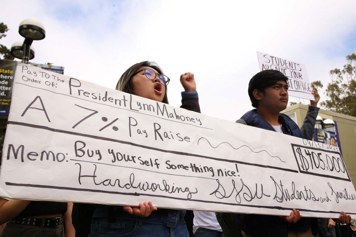 Students protest the 6% CSU tuition hike and admin pay raises.