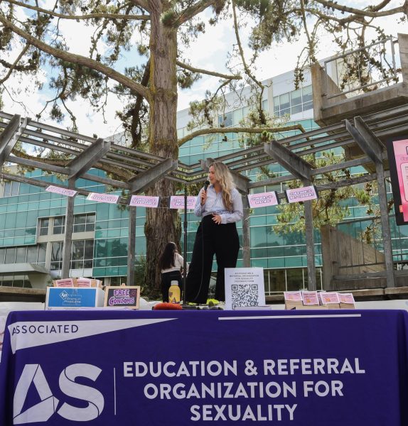 The Assistant Vice President for Title IX and DHR, Anna Titus speaks out at consent awareness week near the Cesar Chavez student center on Wednesday, Sept.18, 2024. (Gabriel Carver / Xpress Magazine)