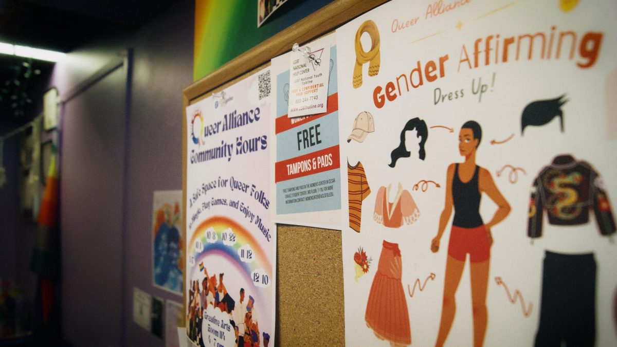 Flyers for upcoming events and other resources are posted on the door to the Queer Alliance office space. All flyers were made by QA officers. (Rodliam Suspene/Xpress Magazine)