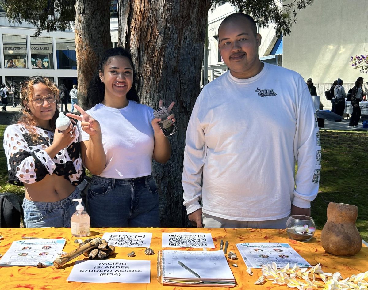 From left to right, Pacific Islander Student Association executive board members Jayde Palega, Amelia Tupua and Kekoa Garabilez table in the Cesar Chavez Student Center at SF State in August, 2024. (Photo courtesy of Amelia Tupua)