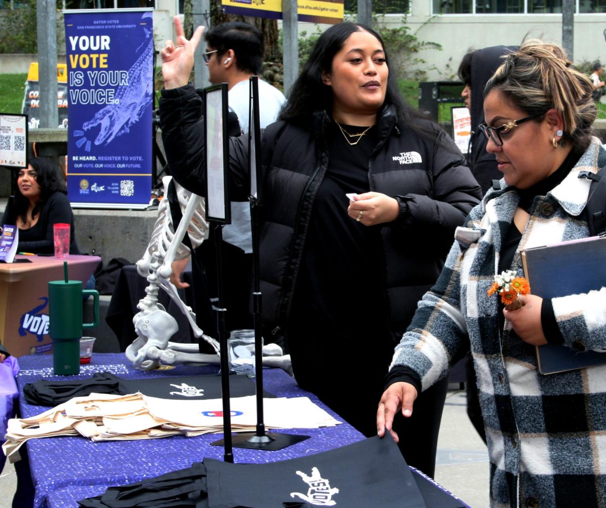 ICCE Senior Coordinator Edel Vaovasa, center, at the Bats, Ballots, and Brews: Voter Registration Drive event in Malcolm X Plaza at SF State on Tuesday, Oct. 15, 2024. The event, sponsored by the Institute for Civic & Community Engagement, promoted student voter registration and participation in the upcoming general elections. (Photo courtesy of Skye McMullen)