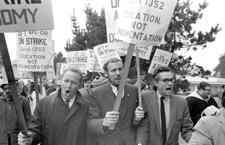 SFSC AFT (Local 1352) picket along Holloway Avenue during a strike in January 1969. (Photo courtesy of Nacio Jan Brown)