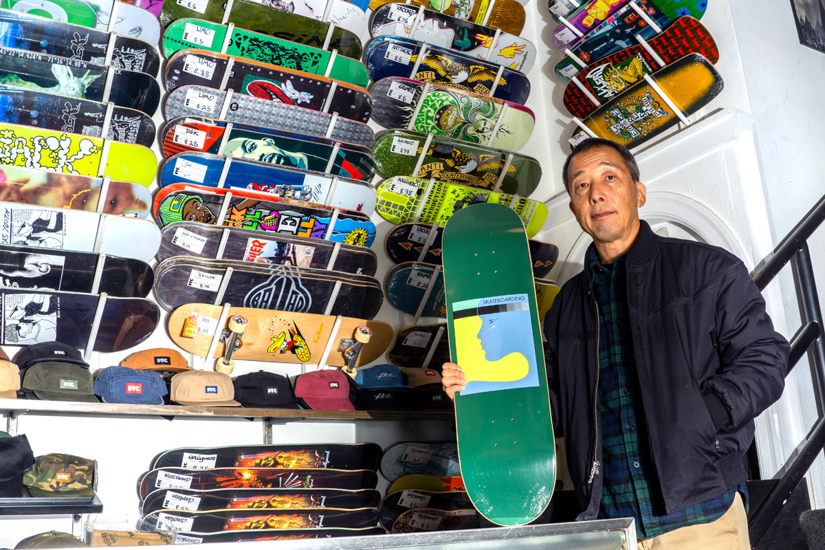 A street skateboarding pioneer and owner of FTC, Kent Uyehara poses in his first flagship shop which opened in 1994. (Ryo Kojima / Xpress)