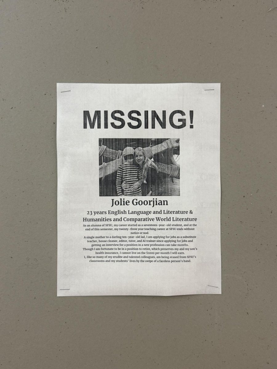 A poster, on the fifth floor of the Humanities building, written by SF State professor and alumni Jolie Goorjan, explaining her termination. (Madeline Sirois / Xpress Magazine)
