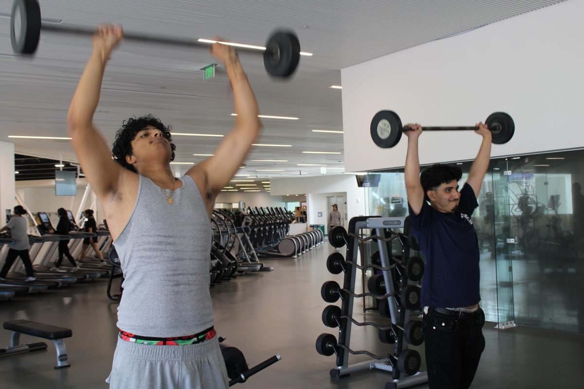 A pair of roommates workout together in front of the dumbbell rack at the Mashouf Wellness Center. The wellness center has a wide selection, offering students a variety of weights to use, as well as a couple racks of barbells. (Lara Magdesian / Xpress Magazine)