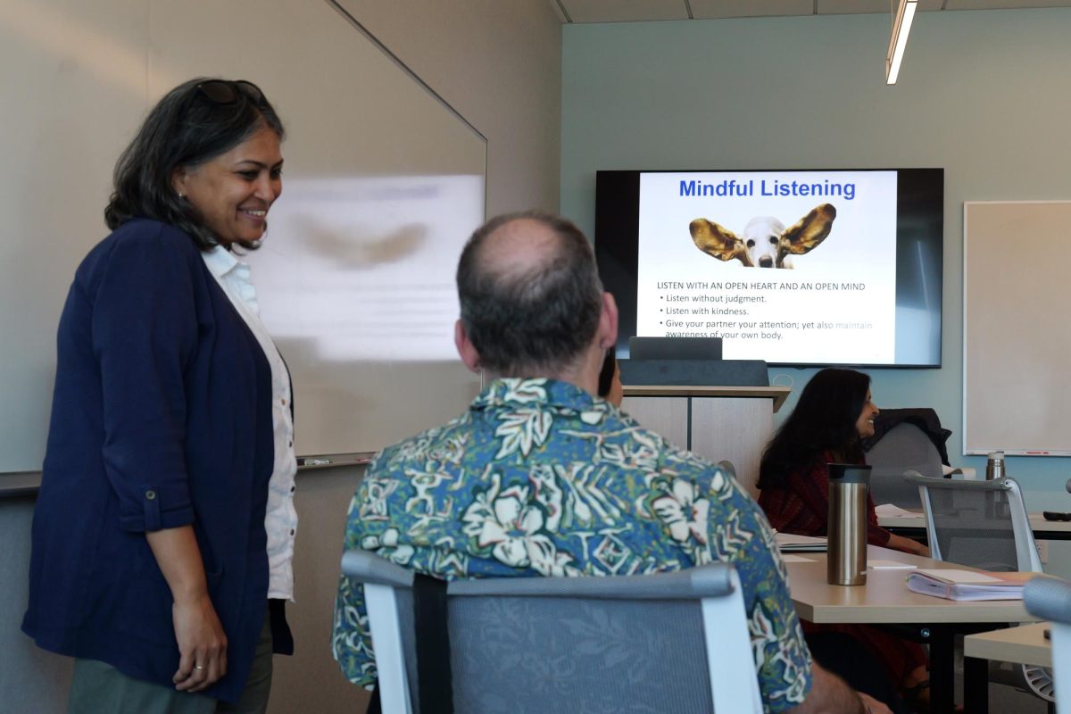 Anoshua Chaudhuri, the senior director of CEETL, speaks to attendees at the  Introduction to Mindful Pedagogy event on Sept. 26, 2025. (Bianca Sieraski / Xpress Magazine)
