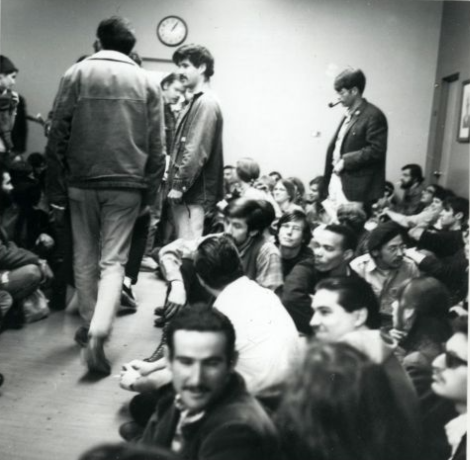 SF State students conduct sit-ins in protest of the suspension of George Mason Murray, an English instructor and Black Panther Party Minister of Education, during the 1968 San Francisco State College Strike led by the Black Student Union. (Courtesy of Harvey Yorke Photograph Collection)
