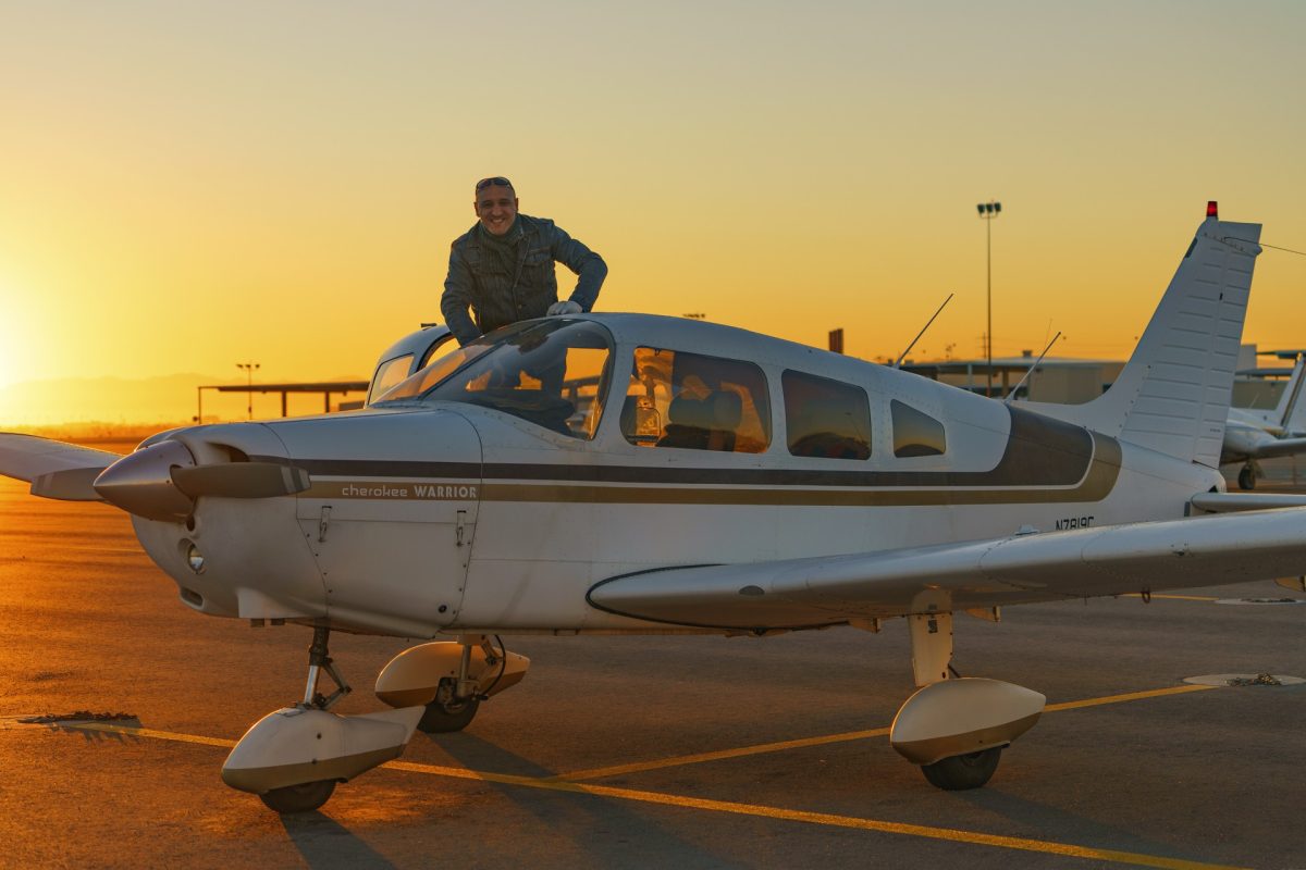 Todorov mounts his 50-year-old aircraft, a 1976 Piper Warrior. A Piper Warrior is a single engine plane that Todorov has flown all over the country. (Courtesy of YeeLee Foo)