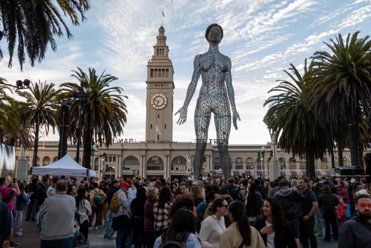 Marco Cochrane's R-Evolution is a 45 feet tall steel-mesh sculpture in Embarcadero Plaza. (Klyde Java special to Xpress Magazine)