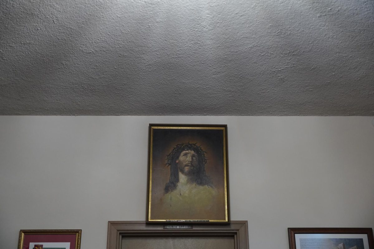 A painting of Jesus Christ above the church office door inside of St. Gregory the Illuminator Armenian Apostolic Church, in San Francisco. (Giselle Garza Lerma / Xpress Magazine)