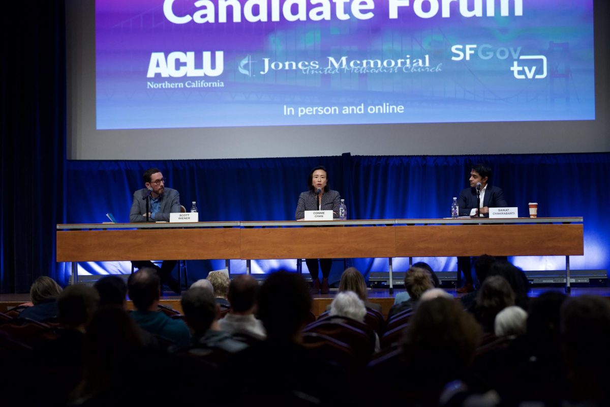 Scott Weiner, Connie Chan and Saikat Chakrabarti at a San Francisco Candidate Forum hosted by the League of Women Voters of San Francisco, in the Mission Bay Conference Center on Wednesday, April 29, 2026. (Giselle Garza Lerma / Xpress Magazine)