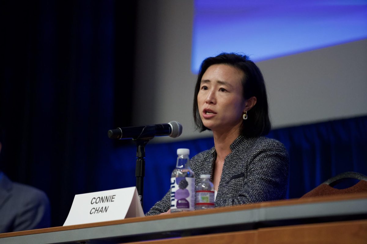 District 1 Supervisor Connie Chan at a San Francisco Candidate Forum hosted by the League of Women Voters of San Francisco, in the Mission Bay Conference Center on Wednesday, April 29, 2026. (Giselle Garza Lerma / Xpress Magazine)